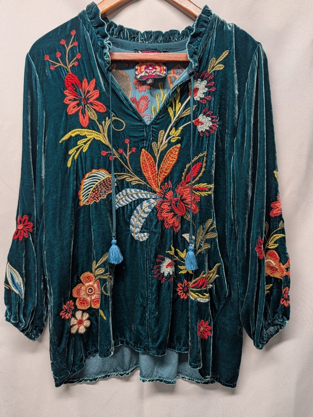 Johnny Was Isabella Silk Teal Velvet Embroidered Peasant Tunic Size XS NWOT - Picture 2 of 9